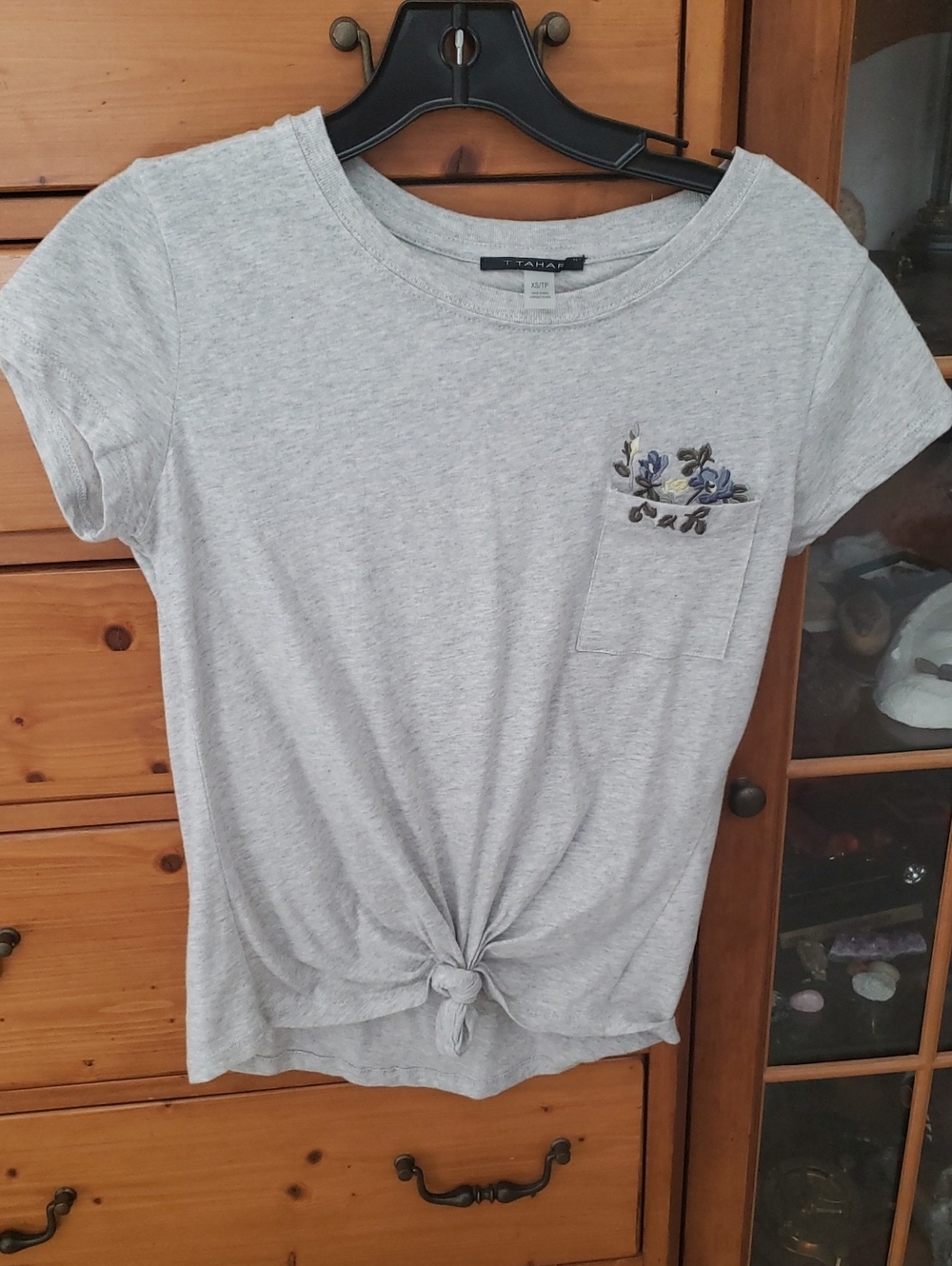 Tahari Light GrayShort Sleeve Tee with Blue Floral Pocket Embroidery